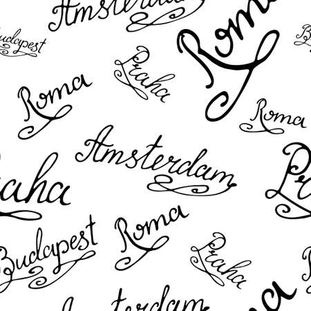 Travel seamless pattern. Background with city capitals. Hand drawing typography. Vector illustrationのイラスト素材