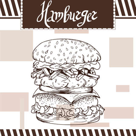 Fast food poster with hamburger. Hand draw retro illustration. Vintage burger design. Templateのイラスト素材