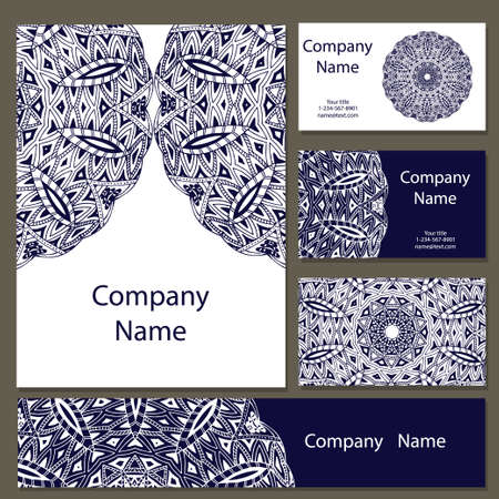 Business cards collection. Ornament for your design with lace mandala. background. Indian, Arabic, Islam motifs.のイラスト素材