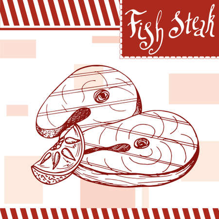 Fast food poster with fish steak. Hand draw retro illustration. Vintage burger design. Templateのイラスト素材