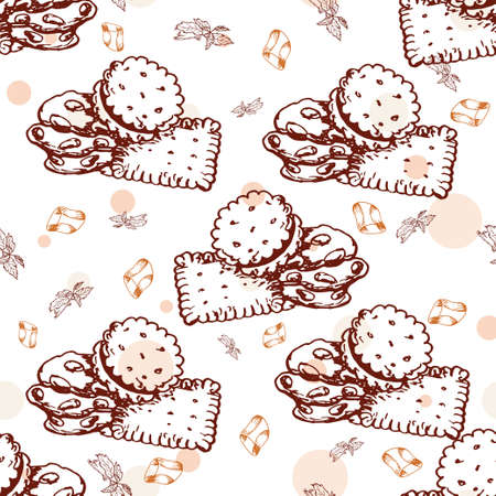 Seamless pattern with desserts. Hand drawn cookies and candy. Vector illustration for your design.のイラスト素材