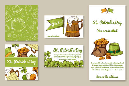 St. Patrick's Day set of cards with hand drawn elements. Vector illustration with sketch objects for your designのイラスト素材
