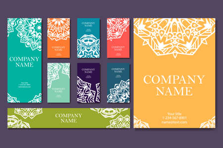 Set of business cards. Vintage pattern in retro style with mandala. Hand drawn Islam, Arabic, Indian, lace patternのイラスト素材