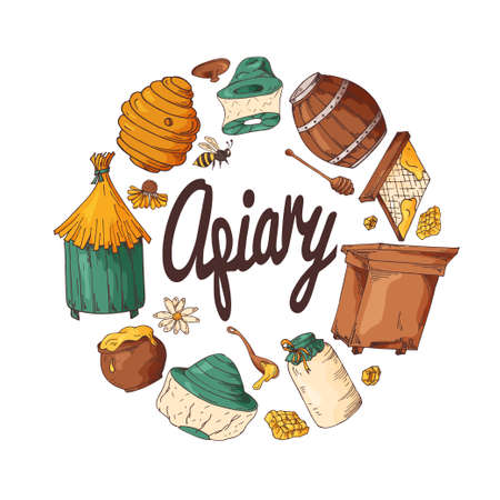 Set of honey elements. Apiary icons for your design. sketches, sweet natural foodのイラスト素材