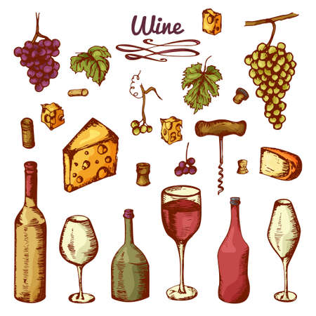 Hand drawn wine elements. Set icons: bottle, cheese, grapes, wineglass and etcのイラスト素材