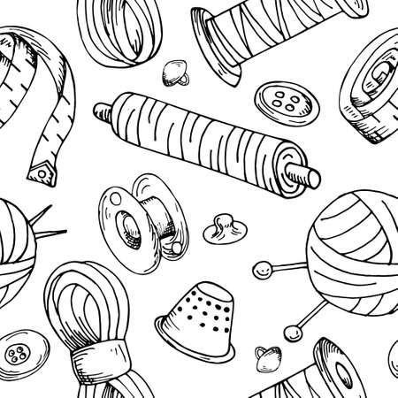 Seamless pattern with sewing tools. Vector hand drawn tailor equipments. Design background illustrationのイラスト素材