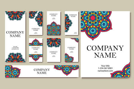 Set of  business cards. Vintage pattern in retro style with mandala. Hand drawn Islam, Arabic, Indian, lace patternのイラスト素材