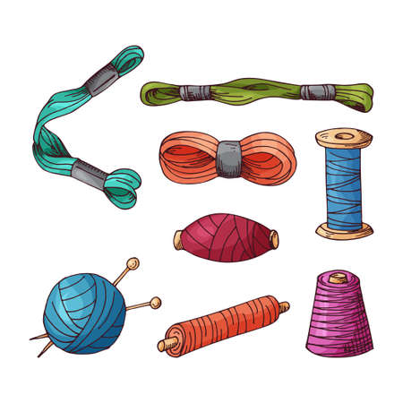 Sewing items set. Vector tailoring equipment. Hand drawn needlework collection.のイラスト素材