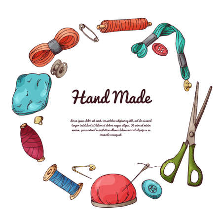 Sewing items set. Vector tailoring equipment. Hand drawn needlework collection.のイラスト素材
