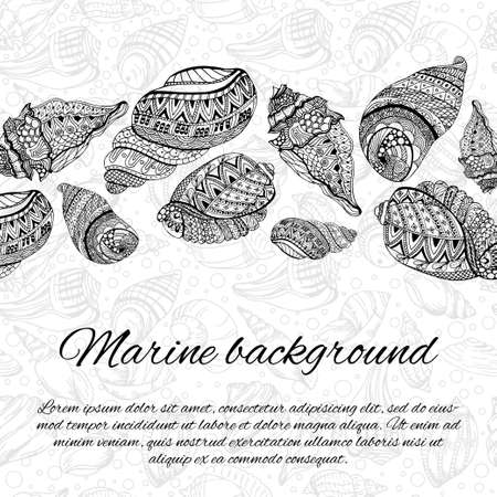 Postcard design with sea shells. Hand drawn vector illustration. Sketch sea shells elements with ornaments. Ocean backgroundのイラスト素材