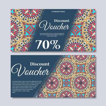 Gift voucher template with mandala. Design certificate for sport or yoga center, magazine or etc. Vector gift coupon with ornament on background.のイラスト素材
