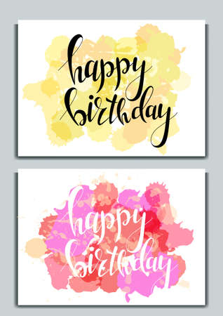 Hand drawn design. Happy birthday vintage composition. Calligraphic phrase on greeting card. Vector invitation cardのイラスト素材