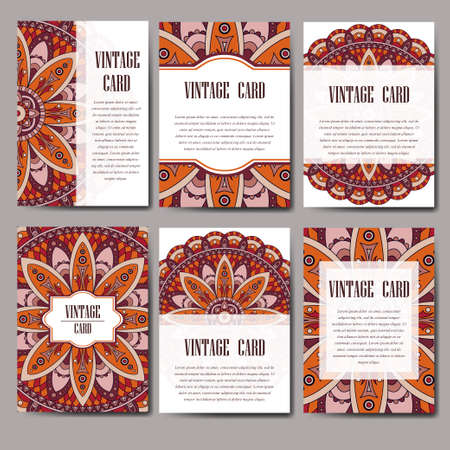 Invitation mandala design template. Graphic card with hand drawn ornament. Colorful eastern floral decor for greetings, wedding invitations, party cardsのイラスト素材