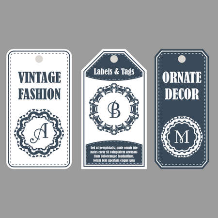 Eastern decor with monograms. Vintage set of ornamental tags. Template labels for cards.のイラスト素材
