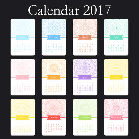 Vector calendar 2017 with decoraive elements. Vector mandala design. Template can be used for web and print design.のイラスト素材