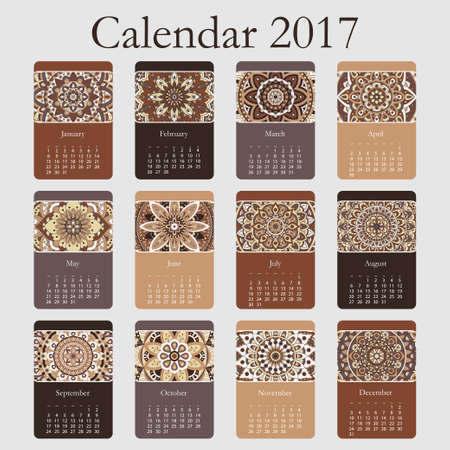 Decorative vintage calendar 2017. Oriental pattern. Vector mandala design can be used for poster, banner, cardのイラスト素材