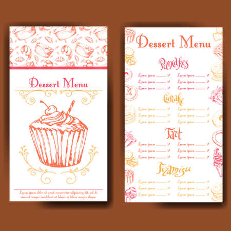 Design for sweets shop. Template with different hand drawn desserts. Menu design for bakery or baking shop.のイラスト素材