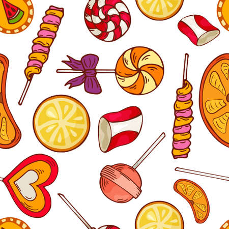 Sweets seamless pattern. Vector illustration with hand drawn sketch elements. Colorful background with various candies.のイラスト素材