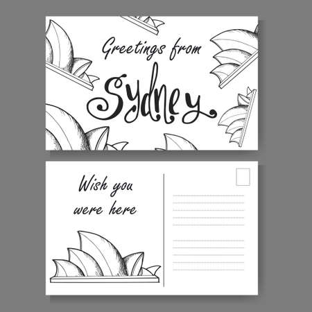 Postcard from Sydney. Hand drawn lettering and sketch. Greetings from Australia. Vector illestrationのイラスト素材