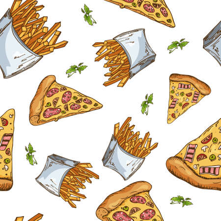 Fast food pattern. Hand draw retro illustration. Vintage design.のイラスト素材
