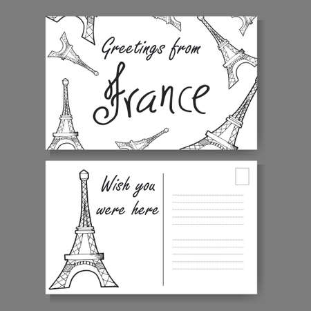 Postcard from Paris. Hand drawn lettering and sketch. Greetings from France. Vector illestrationのイラスト素材