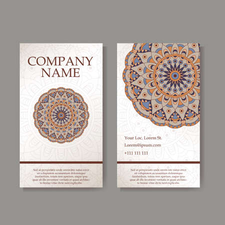 Set of business cards. Vintage pattern in retro style with mandala. Hand drawn Islam, Arabic, Indian, lace patternのイラスト素材