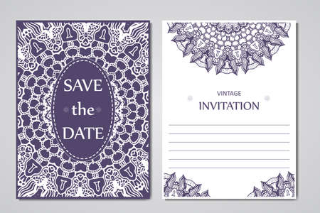 Template of wedding cards. Round oriental lace ornament with mandala. Decorative greeting design for thank you card, save the date card, mother day.のイラスト素材