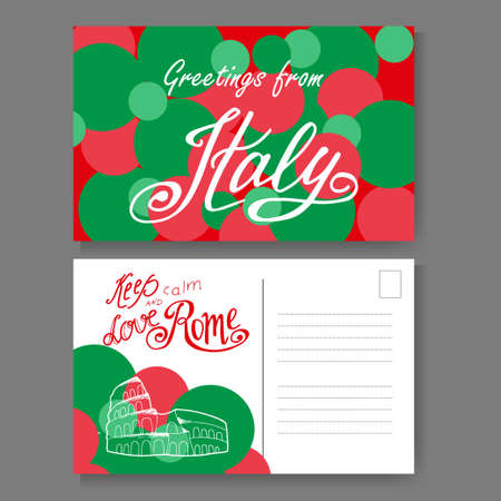 Postcard from Rome. Hand drawn lettering and sketch. Greetings from Italy. Vector illestrationのイラスト素材