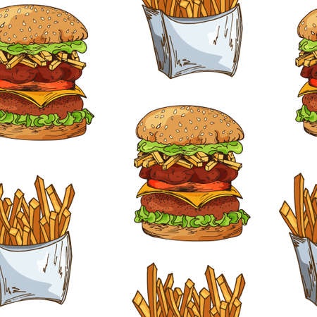 Fast food pattern with taco. Hand draw retro illustration. Vintage design.のイラスト素材