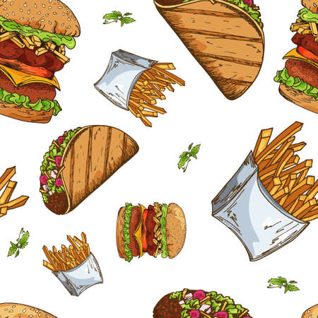 Fast food pattern. Hand draw retro illustration. Vintage design.のイラスト素材