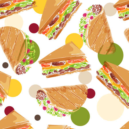 Fast food pattern. Hand draw retro illustration. Vintage design.のイラスト素材