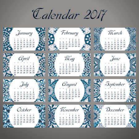 Decorative vintage calendar 2017. Oriental pattern. Vector mandala design can be used for poster, banner, cardのイラスト素材