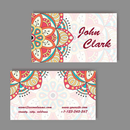 Set of business cards. Vintage pattern in retro style with mandala. Hand drawn Islam, Arabic, Indian, lace pattern.のイラスト素材