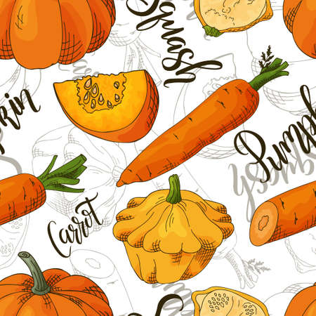 Sketched vegetables background. Vector seamless pattern with carrot and pumpkin and squash. Hand drawn illustration.のイラスト素材