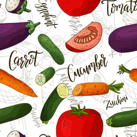Vector seamless pattern with vegetables. Cucumber and carrot and tomato and eggplant background.のイラスト素材