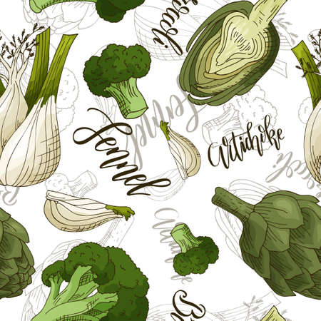 Vector seamless pattern with vegetables. Fennel and artichoke and broccoli background. Hand drawn elements.のイラスト素材