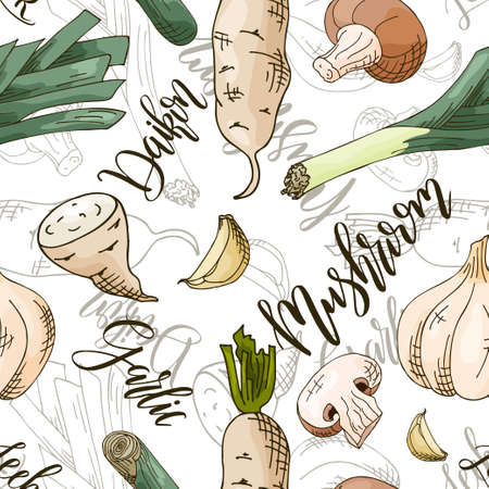 Vector seamless pattern with vegetables. Mushroom and daikon and garlic background. Hand drawn elements.のイラスト素材