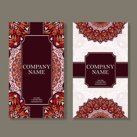 Set of business cards. Vintage pattern in retro style with mandala. Hand drawn Islam, Arabic, Indian, lace patternのイラスト素材