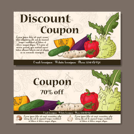 Cafe discount voucher for your business. Modern style with food element on background. Template vector with vegetables for farmers.のイラスト素材