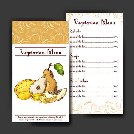 Set of organic fruits cards. Hand drawn sketch elements. Banner collection template. Farm company. Vector illustration for poster.のイラスト素材