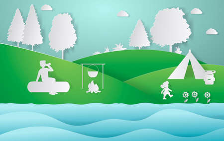 Summer camping paper cut style. Concept with mountain, trees, people at a picnic. Vector...