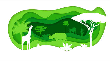 Paper Crafted Cutout World. Concept of tropical rainforest Jungle. Vector illustrationのイラスト素材