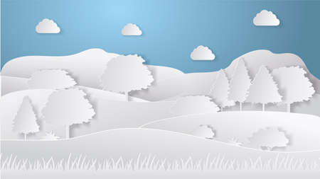 Summer camping paper cut style. Concept with hills, trees. Vector illustrationのイラスト素材