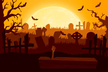 Happy halloween paper cut style. Concept of cemetery. Vector illustrationのイラスト素材