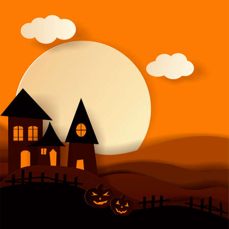 Paper art Haunted house Happy halloween card. Vector cut style illustrationのイラスト素材