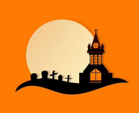 Haunted house Paper art. Happy halloween card. Vector cut style illustrationのイラスト素材