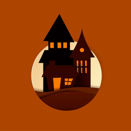 Haunted house Paper art. Happy halloween card. Vector cut style illustrationのイラスト素材