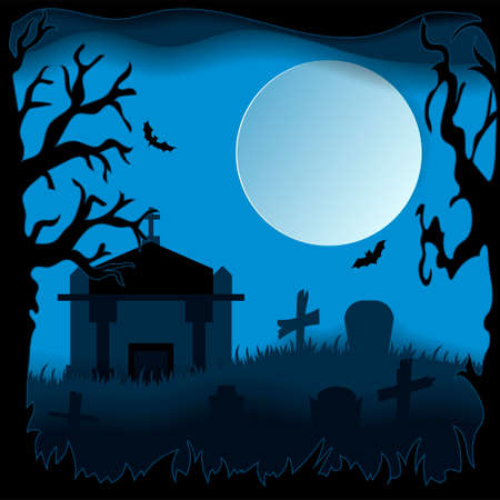 Design cemetery. Happy halloween paper art style. Vector cut illustrationのイラスト素材