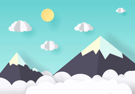 A Vector paper art and craft style. Illustration of nature landscape, cloud and mountain.のイラスト素材