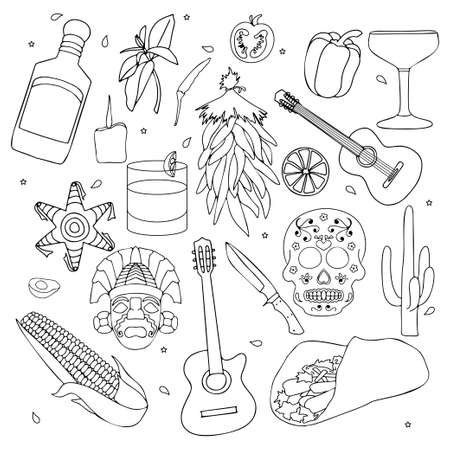 Isolated colorful stylish elements about Mexico. Hand drawn collection for Cinco de Mayo celebration. Vector illustration and design.のイラスト素材